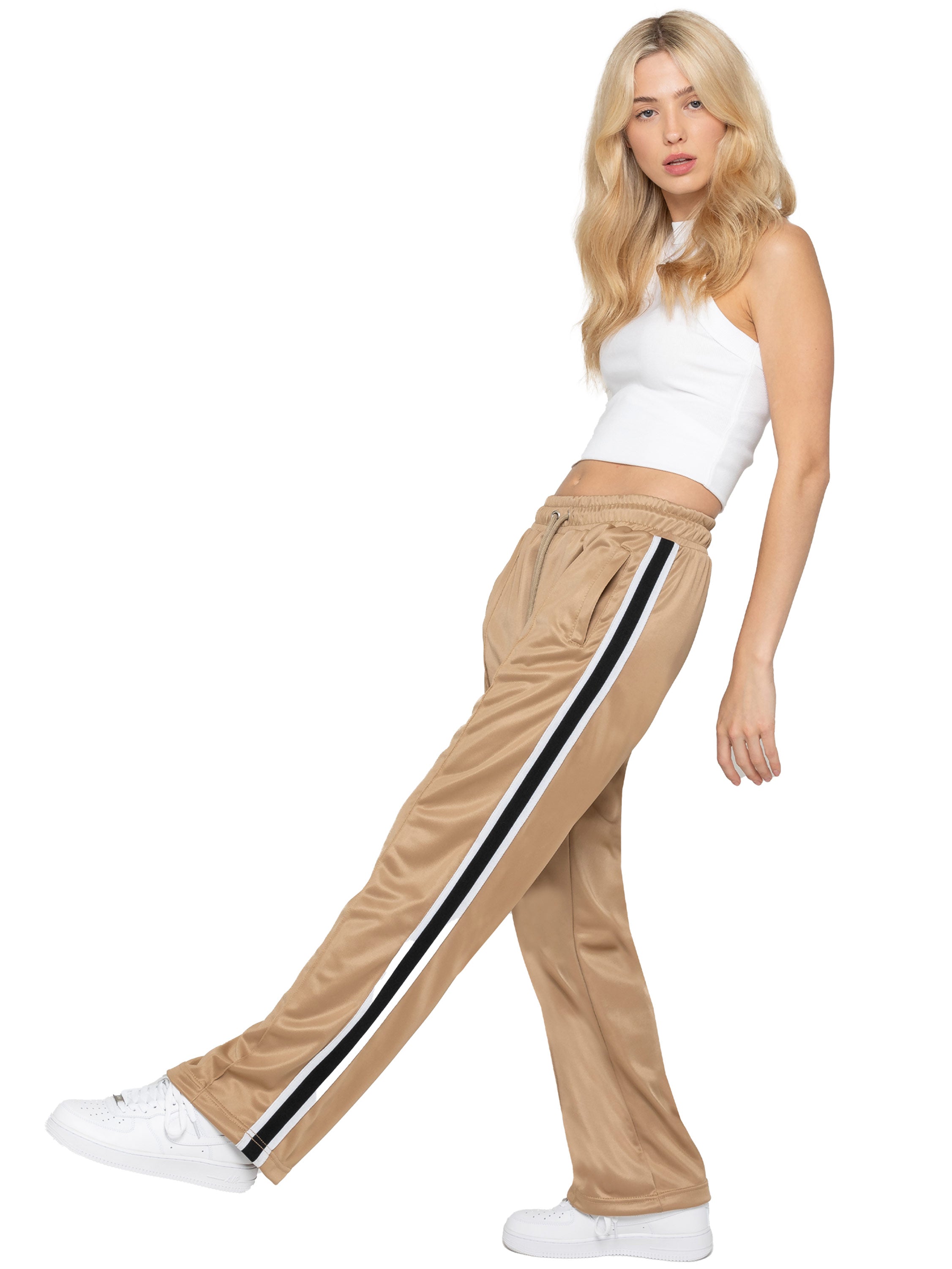 Side Stripe Wide Leg Joggers Beige – ENZO Jeans