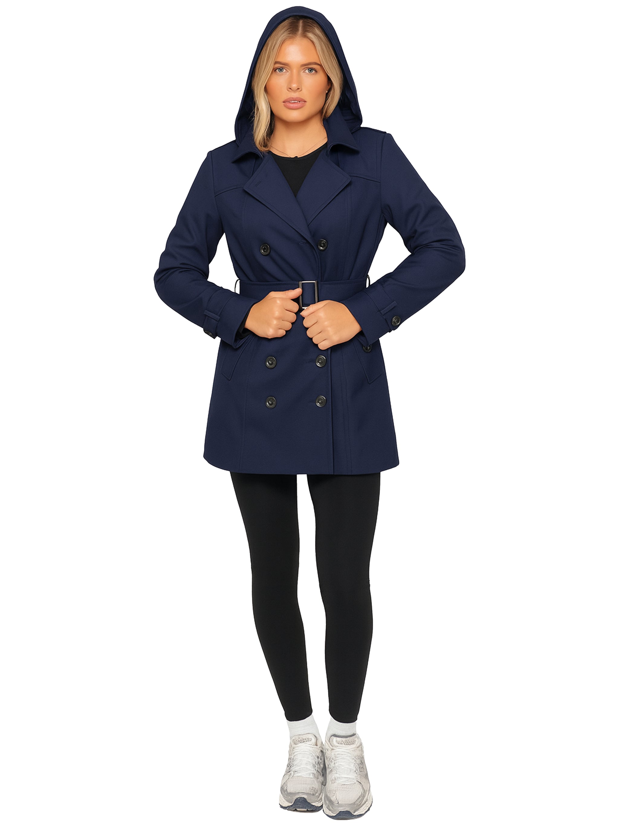 Women's Belted Double Breasted Trench Coat - Navy – ENZO Jeans