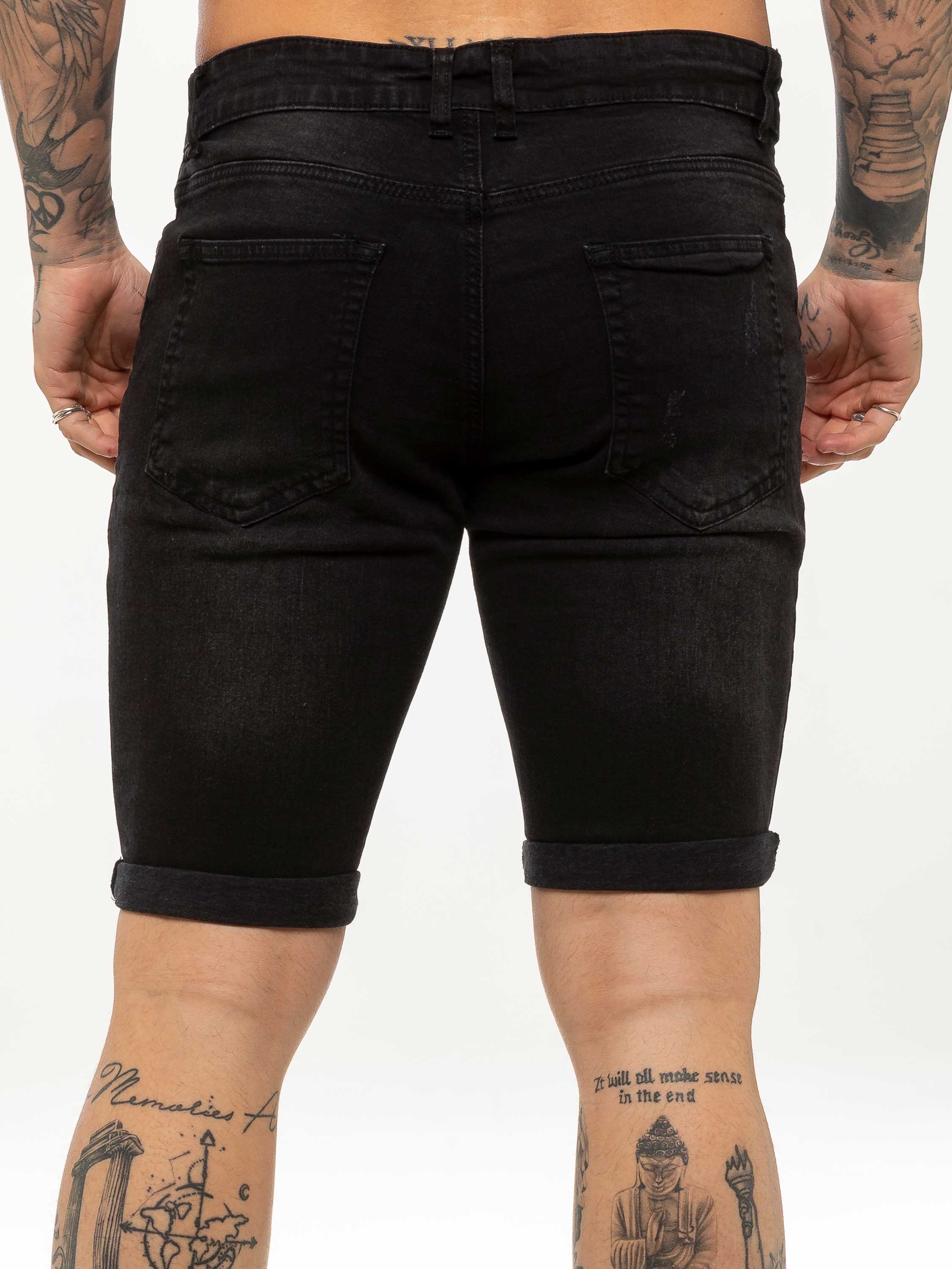 Theo Stretch Rip Denim Shorts Black – ENZO Jeans