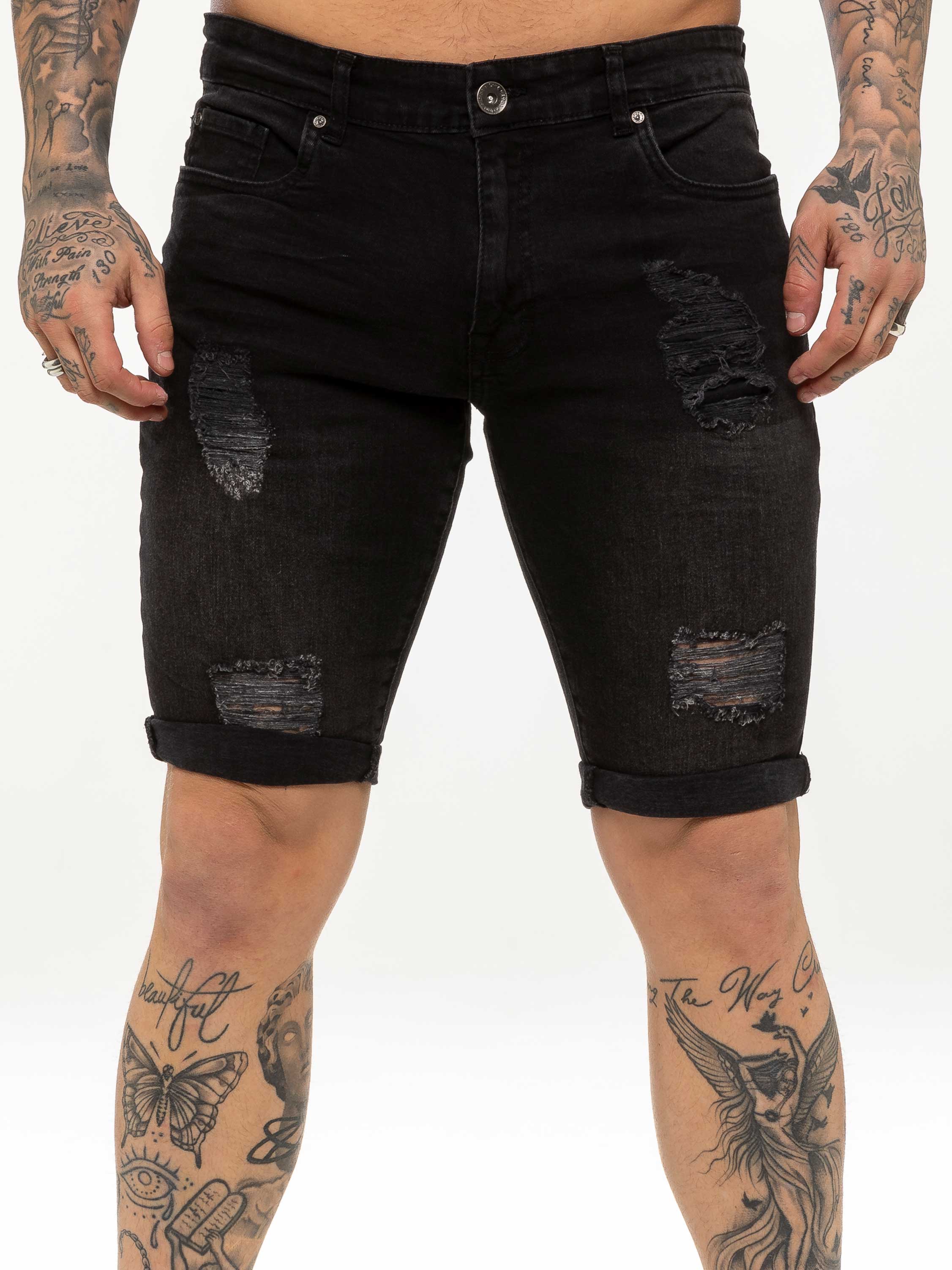 Theo Stretch Rip Denim Shorts Black – ENZO Jeans