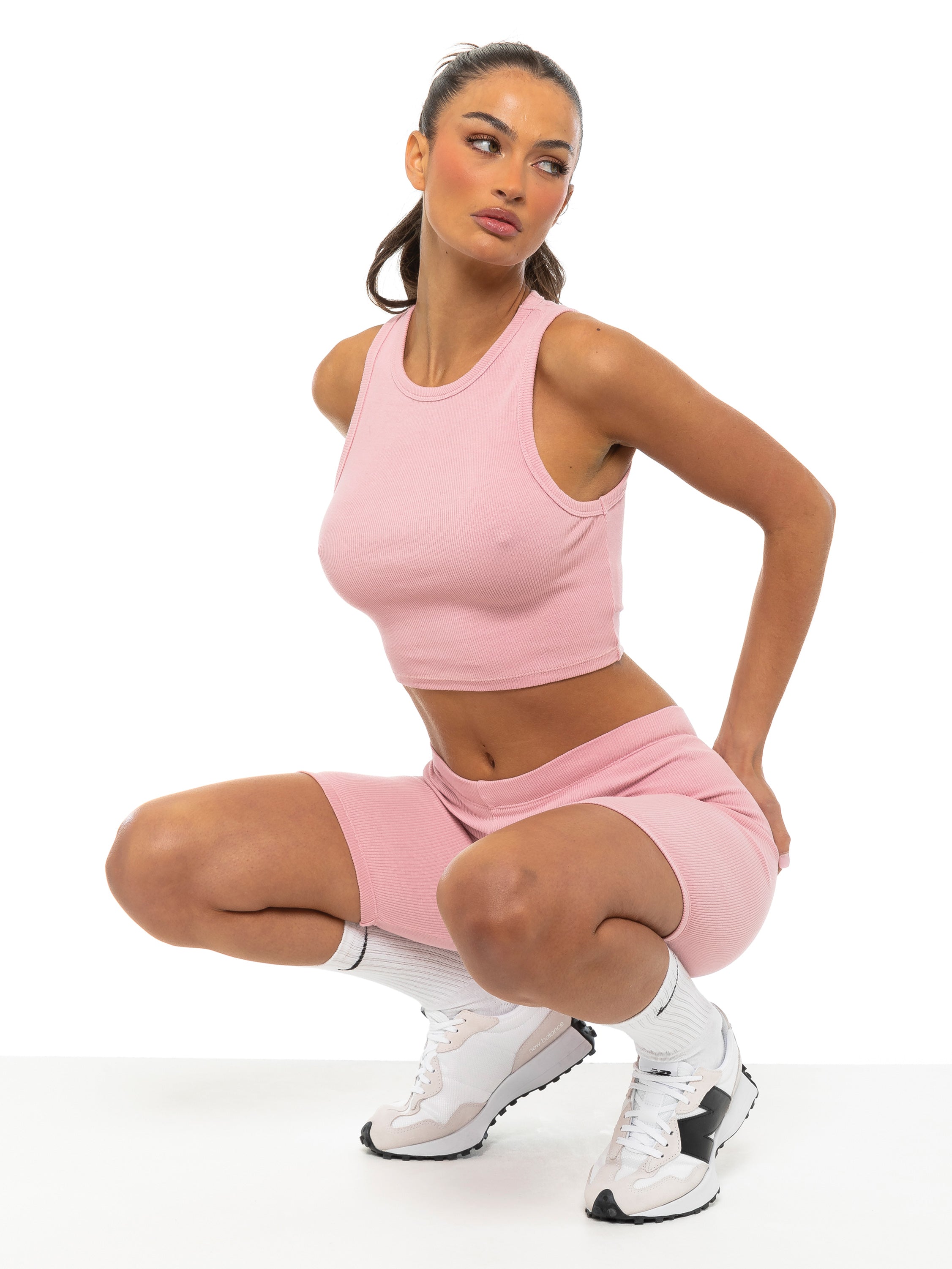 Ribbed Crop Top and Cycling Shorts Set - Light Pink – ENZO Jeans